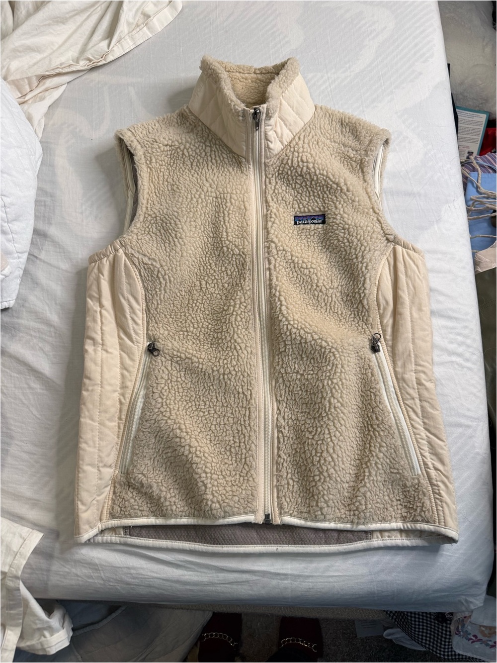 Patagonia Women's Cream Sherpa Fleece Vest with Quilted Panels